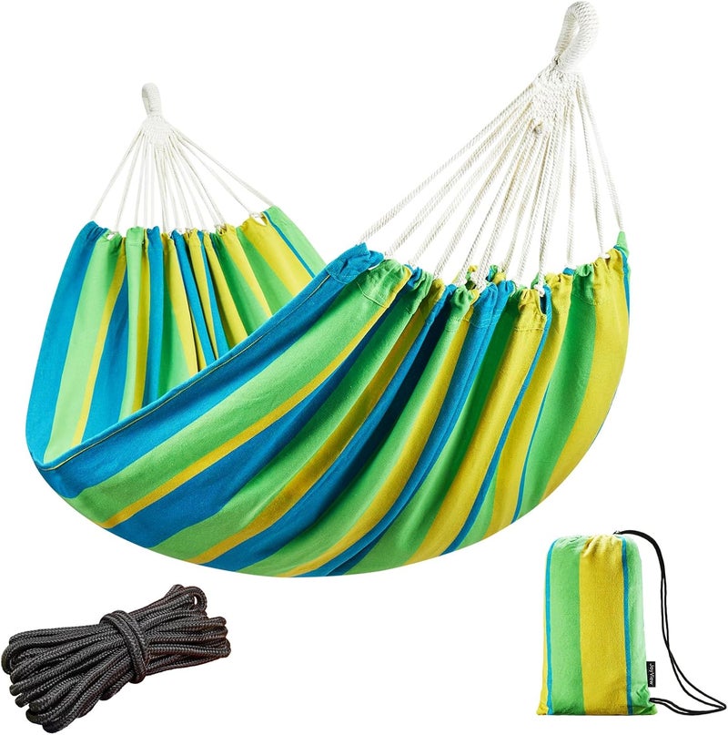 JoyView Brazilian Double Hammock with Hanging Ropes Extra Large 86.6x59” Portable Cotton Hammock for Patio Backyard Porch 450LBS Weight Capacity Perfect for Outdoor/Indoor - Light Green/Yellow Stripe - Image 1